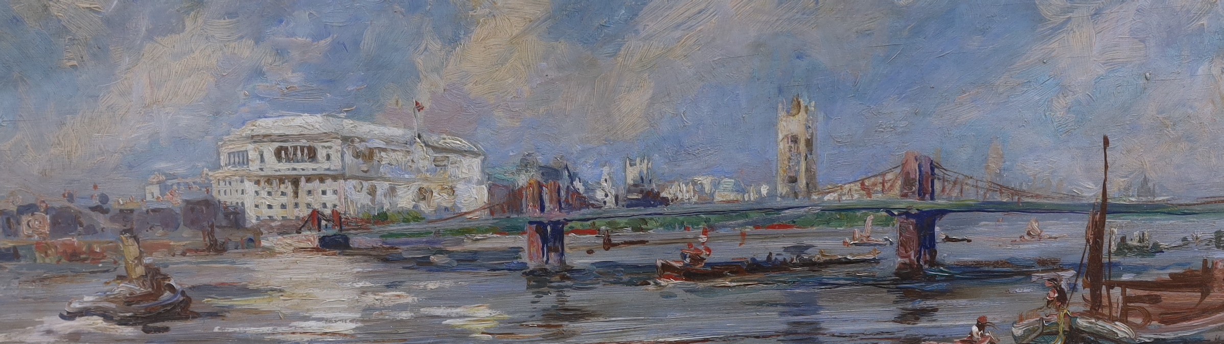 Walter Taylor (1860-1943), oil on board, Thames view, signed, 12.5 x 41cm